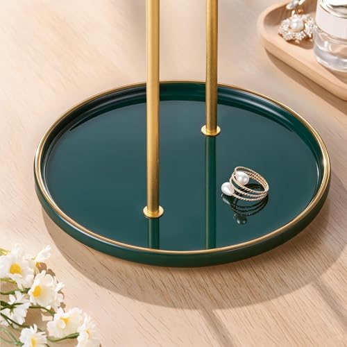 Gold Jewelry Holder Stand with Ceramic Tray: Small Hanging Necklace Organizer Tree for Earrings, Bracelets, Rings – Jewelry Display Hanger for Women & Girls, Green - color: green tray gold bar