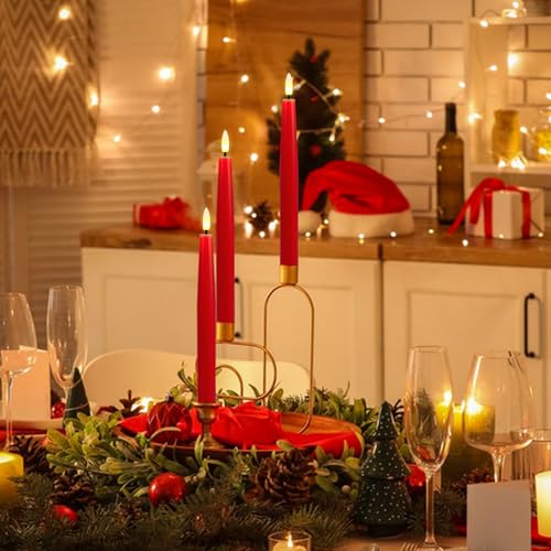 GenSwin Flameless Taper Candles, Set of 3 Red LED Taper Candles Battery Operated with Remote Timer, Real Wax Flameless Candlesticks with 3D Flame for Home Wedding Party Holiday Decor (0.78” x 9.65”) - color: 3-Red