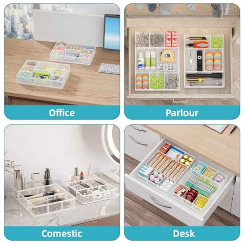 Marbrasse 2 Pack Desk Drawer Organizer, Mesh Drawer Organizer Tray with 8 Adjustable Compartments, Desk Organizers and Accessories, 5 Dividers for Office Supplies, Makeup & Vanity (White) - color: White