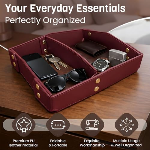 Valet Tray Organizer for Men & Women - PU Leather Catch All Tray with Removable Divider - EDC Storage for Keys, Watch, Phone - Nightstand, Dresser & Desk Organizer - Crimson Merlot - color: Crimson Merlot