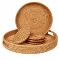 Round Rattan Serving Tray Set (2 Nesting Sizes) with Handles, 4 Coasters Included, Handwoven Boho Wicker Organizer for Coffee Table or Ottoman, 14.2 x 2.3 in and 11.9 x 1.7 in