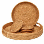 Round Rattan Serving Tray Set (2 Nesting Sizes) with Handles, 4 Coasters Included, Handwoven Boho Wicker Organizer for Coffee Table or Ottoman, 14.2 x 2.3 in and 11.9 x 1.7 in