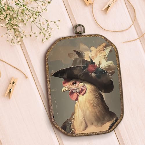 Hxlac Whimsical Chicken Rectangular Wall Art Framed, Dark Moody Rooster Rectangular Wall Decor, Rustic Farm Animal Chicken Hanging Canvas Prints Wall Sculptures for Kitchen Bedroom Living Room Decor, 7.1x10.2 Inch - color: rectangular chicken