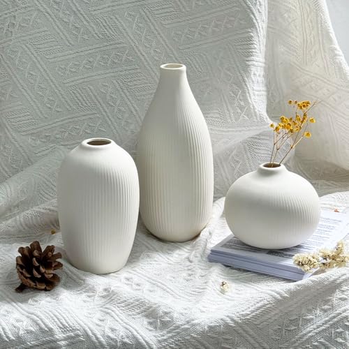 White Ceramic Vase Set of 3 - Small Modern Minimalist Ceramic Bud Vases for Home Decor - Boho Aesthetic Flower Vases for Desk, Shelf & Table, Mantle, Bookshelf (Cute & Versatile) (White) - color: White