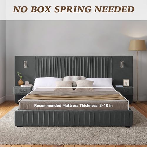 Luxury Queen Size Bed Frame with Oversized Upholstered Headboard, Modern Chenille Upholstered Platform Bed Frame with Gold LED Lights, Nightstands, No Box Spring Needed, Dark Grey - color: Dark Grey, size: Queen