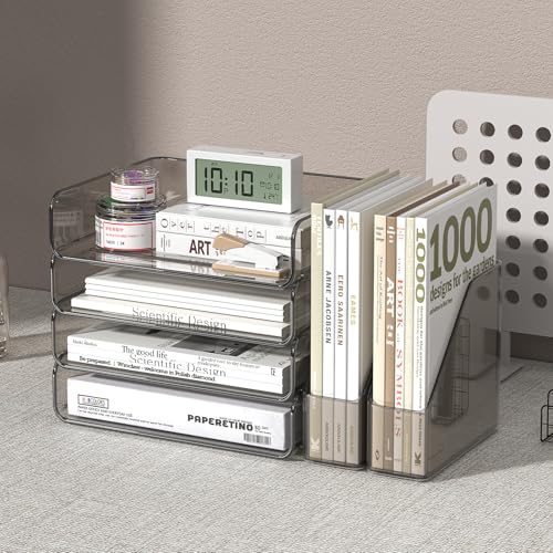 FANXIYQ 4-Tier Horizontal Acrylic Paper Tray Organizer with Booends | Clear Stackable Desk Organizer for Documents, Letters, A4 Paper | Modern Office/Classroom/Home Organization,Brown - color: Brown, size: Horizontal