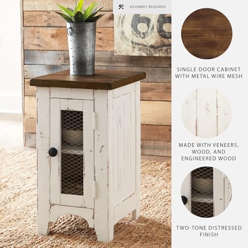 Signature Design by Ashley Wystfield Farmhouse Chair Side End Table with Cabinet Door for Storage, White & Brown with Distressed Finish - color: Dark Brown & White