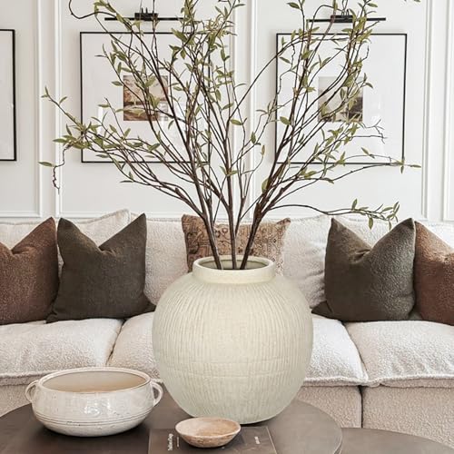 9" Large Rustic Vase with Linear Sculpture and Rich Sand Texture, Round Ceramic Vase with Wide Belly for Space Filling Decor, Retro Style & Beige White - color: 9" Cream White