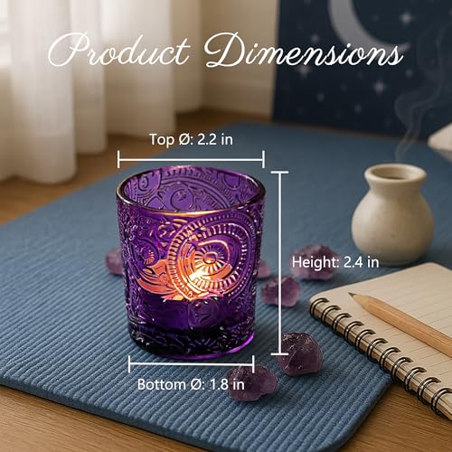6 Pack Sun Moon Star Embossed Glass Tea Light Candle Holders - Votive Candle Holders for Wedding, Party, Home Decor, and Table Centerpieces (Amethyst Purple) - color: Amethyst Purple