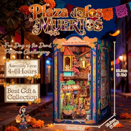 Cutefun Book Nook Kits for Adults Mexican Art and Culture, DIY Miniature Dollhouse Kit for Bookshelf Insert Decor with LED, 3D Wooden Puzzle Booknook for Teens Creative Gifts (Plaza de Los Muertos) - style: Plaza de Los Muertos