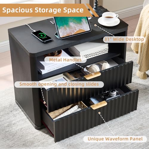 LEYAOYAO 31" Wide Fluted Nightstand with Charging Station, Oversized Extra Large 2 Drawers Night Stand,Black Wood Bedside Table,Tall Bed Side End Tables,Modern Chest of Drawers Dressers for Bedroom - color: Black, size: 2 Drawers