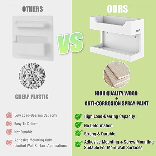 NiHome Wall Mounted Wooden Bedside Accessories Organizer, Double Tray Bedside Storage Shelf Rack with Magnetic Hooks, Bedroom Dorm RV Wall Caddy Holder for Phone Glasses Alarm Clock Remote (White) - color: White, size: Small