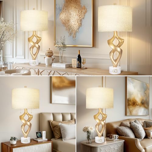Scenekoy Sculptural Resin Table Lamp Set of 2 with USB Ports for Bedroom Living Room, 31” Big Gold Leaf Marble Base Bedside Lamps, Pull Chains Switch Modern Nightstand Lamp for Home Room Decor - size: 31 inches Gold Leaf -028-SL