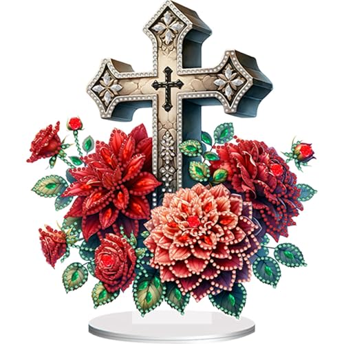 5D Tabletop Diamond Art Kit Cross Flower, Stand Up Special Shaped Crystal Diamond Art Desktop Kits for Adults, DIY Diamond Art Painting Kits Craft Gift (Red) - color: Cross Red Flower