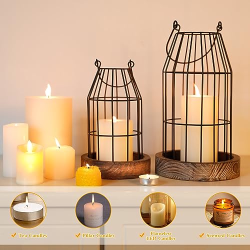 Rustic Wire Metal Cloche Set of 2 Candle Lantern Decorative Indoor Outdoor Vintage Cage Candle Holders Modern Farmhouse Decor for Fireplace Mantle Entryway Living Room Kitchen Coffee Table Centerpiece - color: Black/Brown