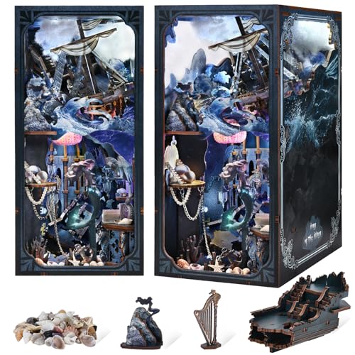 MiniCity Book Nook Kitwith Dust Cover and LED Light, 3D Wooden Puzzle Bookend Bookshelf Insert Decor for Teens and Adults (The Song of Sirens) - style: The Song of Sirens