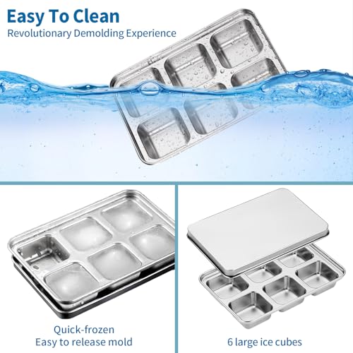 Stainless Steel Ice Cube Trays with Lid, Easy Release Durable Metal Ice Mold for Freezer, Ideal for Whiskey, Cocktails & Drinks (4 Pack) - color: 6-Cube Ice Tray - Pack of 4