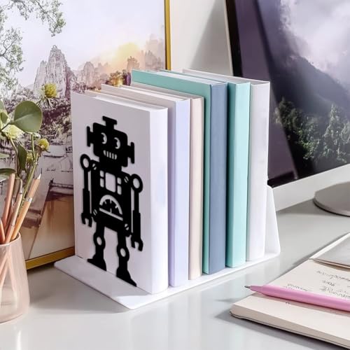 Peacoblue Metal Bookends for Shelves, Modern Decorative Heavy Duty Study Book Support Stoppers for Office, Desk, Shelf, Room 5.3"x4.3"x7.9" Cast Iron Simple Tall Bookends, 1 Pair (Robot) - style: Robot