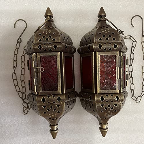 2PCS Moroccan Decorative Candle Lantern Metal Hanging Tealight Candlestick Holder Glass Indoor Outdoor LED Flameless Candle Holder 13.8 inches Chain (Vintage Bronze Gold) - color: Vintage Bronze Gold