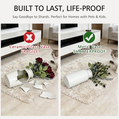 Set of 2 Seamless Metal Vase for Flowers, 10.8" Modern Matte White Floral Vase Set, Shatterproof & Leakproof, Minimalist Home Decor Centerpiece for Dining Table, Mantle, Shelf - color: White