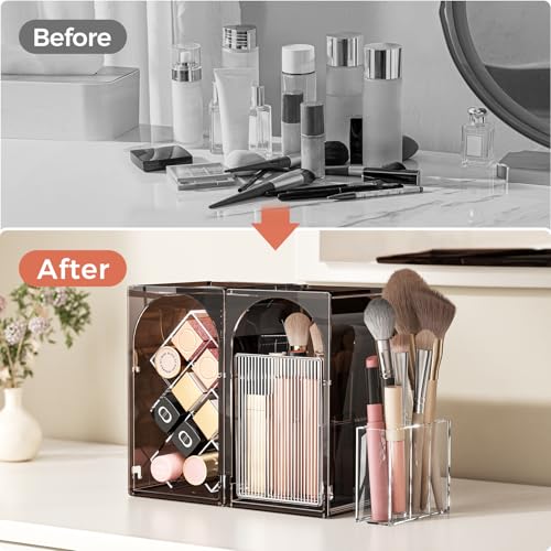 INVSSENE Stackable Makeup Organizer Countertop, Storage Perfume Skincare Cosmetic Lipstick Face Mask Makeup Brush Palettes, Ideal for Vanity Bathroom Counter - color: 3513 Coffee+Clear