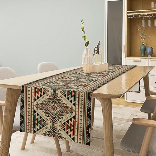 Vintage Tribal Geometric Table Runner Aztec Southwestern Farmhouse Kitchen Dining Table Decoration for Home Party Decor Aztec Table Runners 13x36in - color: Beige-black-2, size: 13x36in