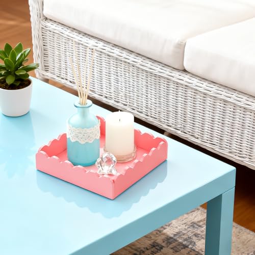 Acrylic Tray, Scalloped Glossy Pink Acrylic Decorative Tray for Home Decor, 8x8 Inch Acrylic Organizer Tray for Vanity Countertop Makeup Skincare Square Acrylic Storage Tray (Square Pink)