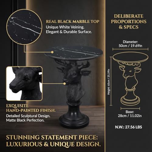 Modern Accent Table with Black Deer Sculpture Base, Minimalist Faux Marble End Table for Living Room Reception Area & Bedroom, 19.69 Inches Wide × 25.59 Inches High - style: black deer