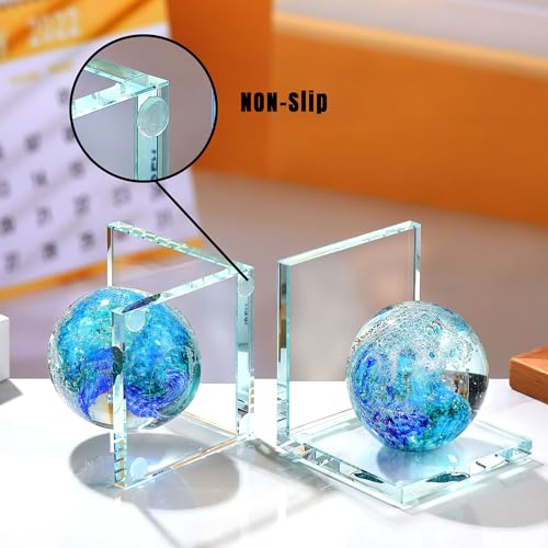 Book Ends for Shelves, Glass Bookends with Deep Ocean Blue Crystal Hand Blown Sea Wave Ball, Non Skid Sturdy Glass Decorative Bookends for Ocean Lovers, Heavy Books, Office, Set of 2 - color: Dark Blue+green