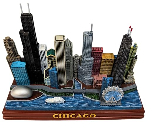 Chicago Skyline Tabletop Sculpture – Rectangular Base City Scene Featuring The Bean, Navy Pier Ferris Wheel & River Boat | Windy City Souvenir Home or Office Décor