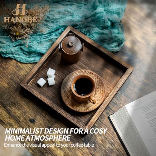 Hanobe Serving Tray Decor for Table: Small Wood Decorative Trays for Ottoman Coffee Tables - Farmhouse Square Wooden Centerpiece for Kitchen Counter Home Living Room 10inch Brown