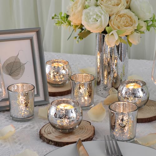 DEVI 48PCS Assorted Votive Candle Holders, Mercury Glass Candle Holder for Party,Wedding Centerpieces for Tables,Birthday Table Decor - color: Silver