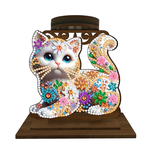 BAYUNOE DIY Candlestick Holders Wooden Desktop Diamond Art Painting Candle Holder Double-Sided Diamond Vintage Modern Decorative for Table Mantel Wedding Dinning Party-Cat - color: Cat