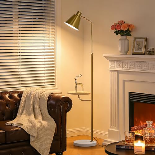 Gold Brushed Floor Lamp with Side Table for Living Room Bedroom, Modern Standing Lamp 12W LED 3-Color Dimmable 3000K/4500K/6500K, Adjustable Gooseneck Reading Light with Wood Shelf for Office Corner - color: Gold Table