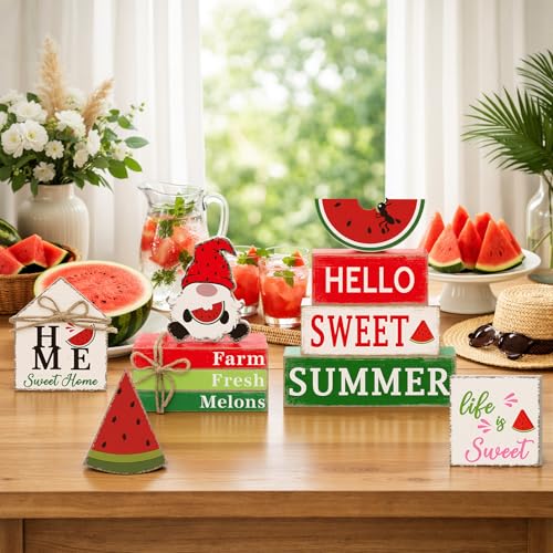 Vercraft 11 Pcs Watermelon Table Decorations Set Watermelon Tiered Tray Decor Summer Wooden Top Farmhouse Rustic Wooden Table Centerpieces for Home or Kitchen Office Decorations - style: Watermelon