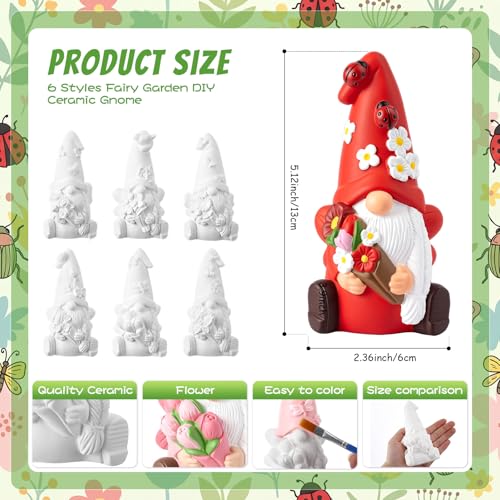 Arrowbash 6 Pcs Summer Ceramics to Paint Ready to Paint Your Own Gnome Statues 5.12 Inch Flowers Theme Paintable Figurines for Adults DIY Unpainted Ceramics Art Crafts with Brush Palette - style: Flowers