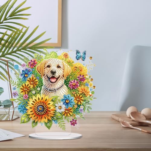 5D Tabletop Diamond Art Painting Kit Ornament, Stand Up Special Shaped Crystal Diamond Art Desktop Kits for Adults Craft Gift - Flower Puppy (Yellow) - color: Flower Puppy (Yellow)