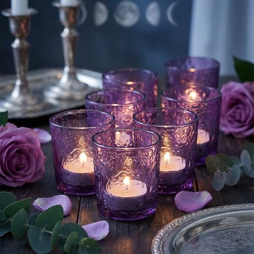 12 Pack Hummingbird Embossed Glass Candle Holders – Votive Tealight Holders with Patent Design, Decorative Embossed Glass Cups for Wedding Centerpieces, Parties, and Home Décor (Amethyst Bloom) - color: Amethyst Bloom