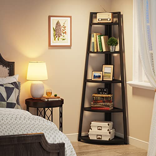 Tribesigns 70 inch Tall Corner Shelf, 5 Tier Modern Corner Bookshelf Bookcase Industrial Corner Ladder Shelf Plant Stand for Living Room, Kitchen, Home Office (Black) - color: Black