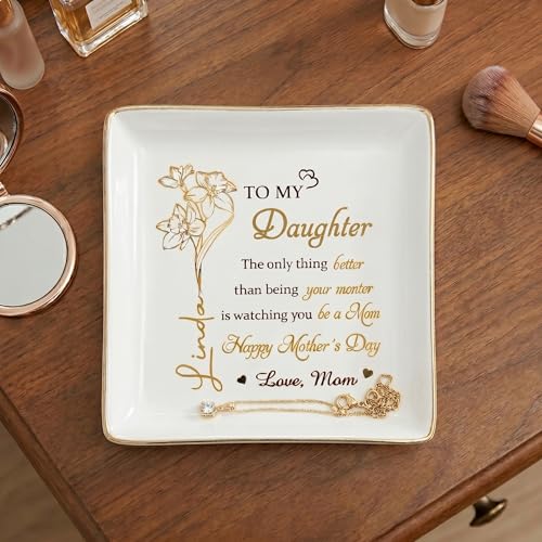 Personalized Birth Month Flower Jewelry Dish, To My Daughter Trinket Tray, Mothers Day Birthday Gifts for Daughter, Custom Floral Name Ring Dish For Wedding, Ring Holder - color: To My Daughter