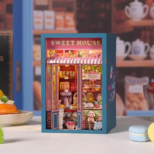 Book Nook Kit, Book Nook Kits for Adults DIY Booknook Model Build, DIY 3D Wooden Puzzle Bookend Booknook Bookshelf Insert Miniature Dollhouse Kit for Home Decoration - style: Sweet House