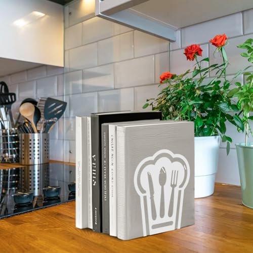 Peacoblue Metal Bookends for Shelves, Modern Decorative Heavy Duty Study Book Support Stoppers for Office, Desk, Shelf, Room 5.3"x4.3"x6.1" Cast Iron Simple White Book Ends, 1 Pair (Chef Hat) - style: Chef Hat