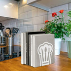 Peacoblue Metal Bookends for Shelves, Modern Decorative Heavy Duty Study Book Support Stoppers for Office, Desk, Shelf, Room 5.3"x4.3"x6.1" Cast Iron Simple White Book Ends, 1 Pair (Chef Hat) - style: Chef Hat