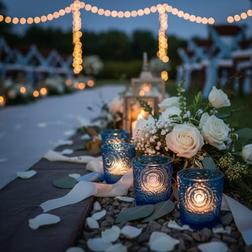 12 Pack Patented Sun Moon Star Embossed Glass Tea Light Candle Holders - Unique Votive Candle Holders for Wedding, Party, and Table Centerpieces (Ocean Blue) - color: Ocean Blue