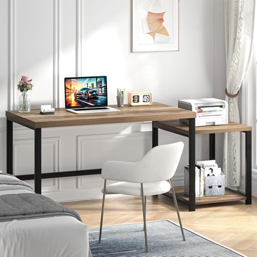 FOLUBAN 63 Inch Large Computer Desk with Printer Space & PC Tower Stand, Modern Wood Home Office Desk Workstation with Storage Shelves, Writing Study Gaming Table, Rustic Oak - color: Oak