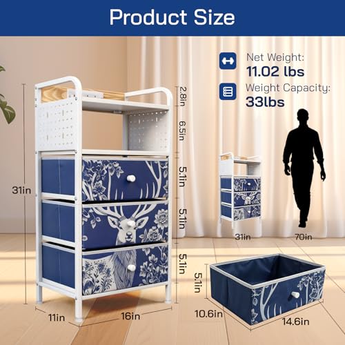 YCY Night Stand with Charging Station, LED Nightstand with USB Ports and Outlets, Metal Frame Side Table with 3 Fabric Storage Drawers, End Table for Bedrooms Living Room,White and Blue