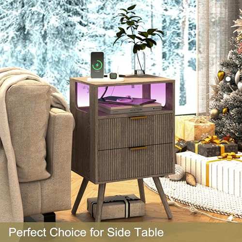 JOONEE Nightstand with Charging Station and LED Lights,Modern Bedside Table with 2 Storage Drawer and Open Wood Shelf, for Bedroom and Small Spaces,Night Stand with Solid Wood Legs,GreyOak - color: Greyoak