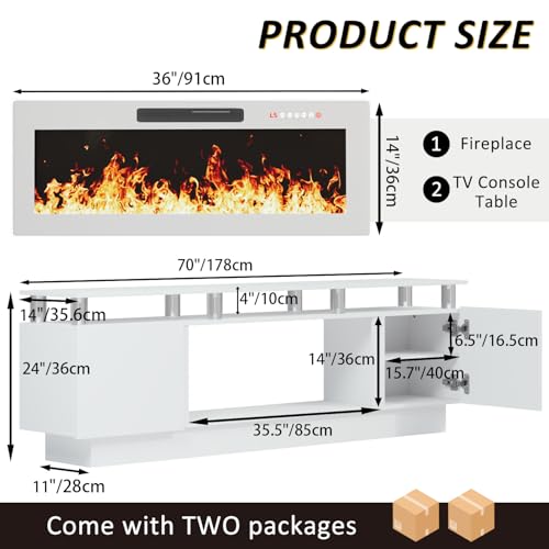LEMBERI 70" Fireplace TV Stand for TVs up to 80 Inches with White 36'' Electric Fireplace & Remote, Modern Entertainment Center with LED Light,Woodeen TV Console for Living Room, 8 Acrylic Posts, Wht - color: White With White Fireplace (Acrylic Posts), si