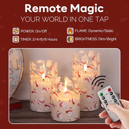 Eywamage Christmas Glass Flameless Pillar Candles with Remote, Flickering LED Battery Candles Bear Holiday Winter Table Decor Gift Set of 3 - color: Bear