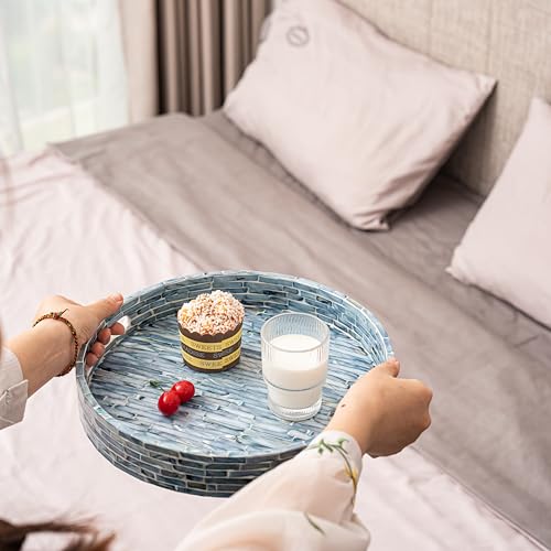 PEMAR 12.6” Mother of Pearls Lacquer Inlaid Round Serving Tray with Handles, Round Decorative Nacred Wooden Ottoman Coffee Table Tray (Blue Tiles) - color: Blue Tiles